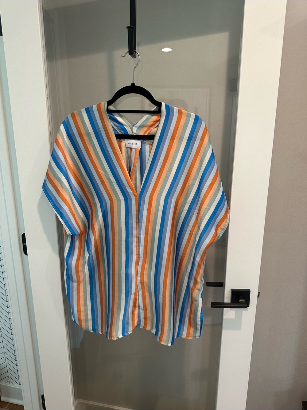 Adrienne Striped V-Neck Top in Blue, Orange & White